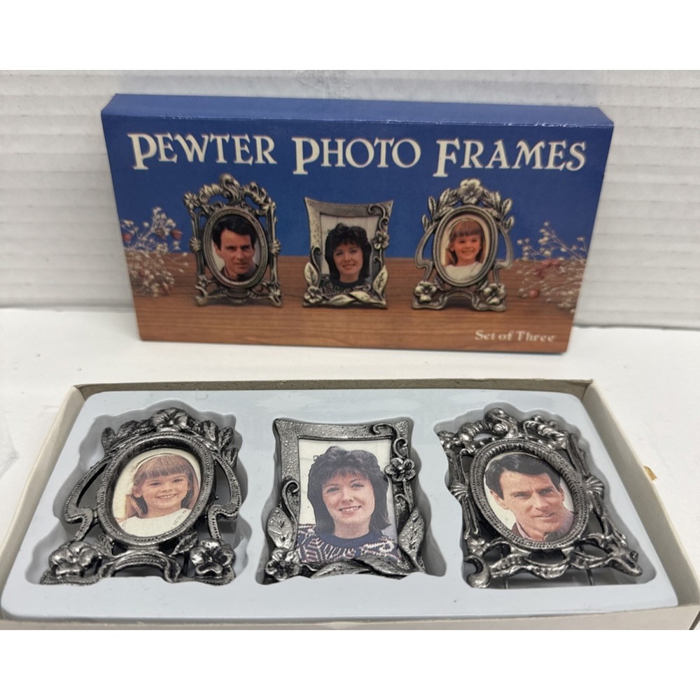 Set of 3 1987 Pewter Metal Ornate Frames 3" x 2" in Original Box Taiwan Vintage